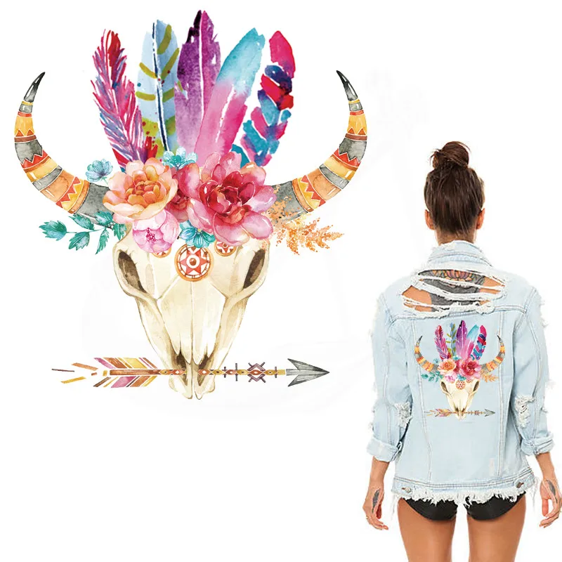 

New design Flowers feather Sheep skull 26*23.5cm stickers iron on patches DIY patch on clothes jacket thermal transfer