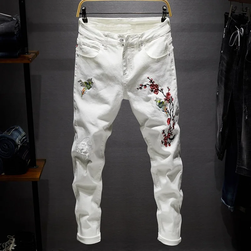 Embroidery elastic Jeans Hole Straight Destroyed Jeans Casual Slim Ripped Jeans Printed Men Trousers Denim Black White Blue Embroidery elastic Jeans Hole Straight Destroyed Jeans Casual Slim Ripped Jeans Printed Men Trousers Denim Black White Blue
