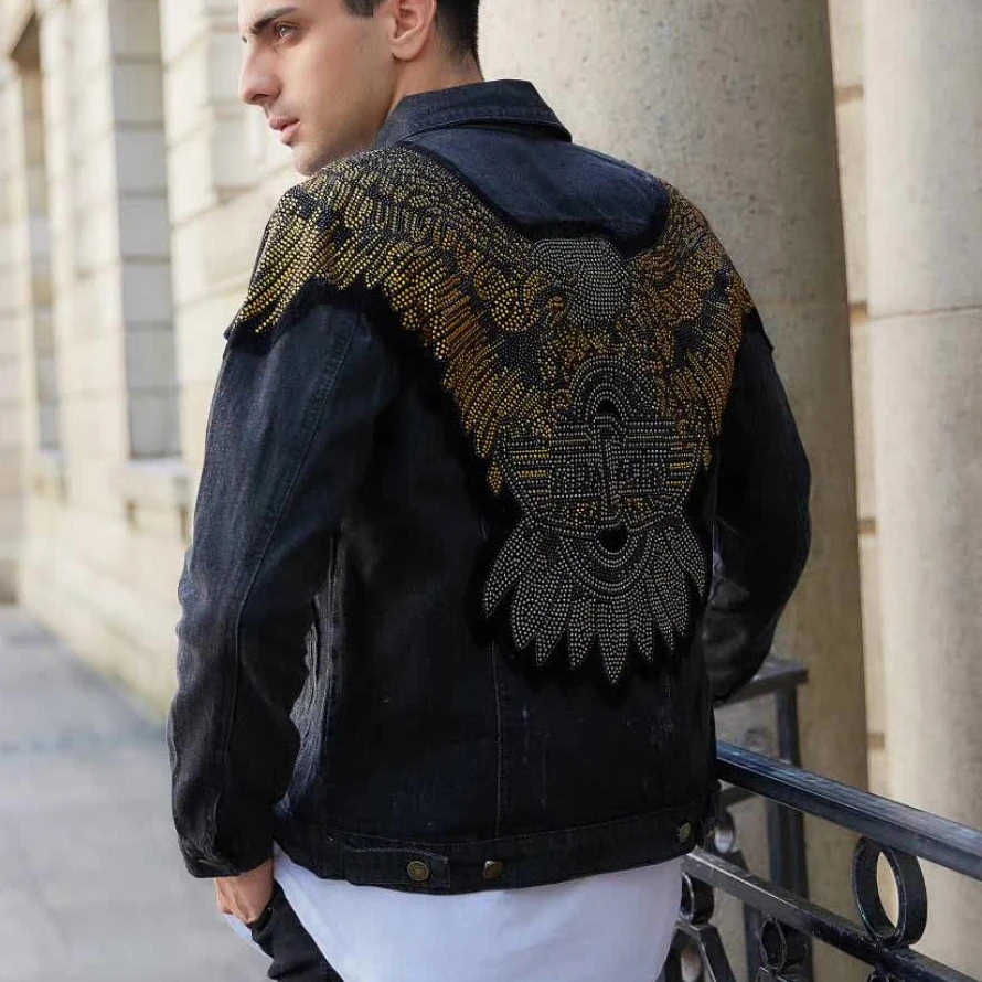 

Fashion Men's Hip Hop Denim Jacket Streetwear Coat Couples Casual Hip Hop Baseball Collar Eagle Printed Broken Hole Jean Jacket