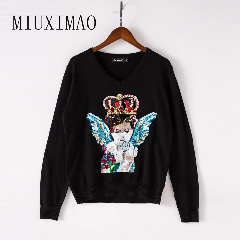 Europe Style 2018 Autumn New Arrival Fashion V Neck Full Sleeve Pullovers Sequined Character Black Sweatshirts Women
