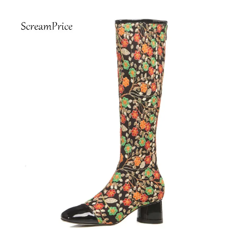 

Ladies National Embroidery Comfort Low Heel Knee High Boots Fashion Zipper Square Toe Fall Winter Women Shoes Black White