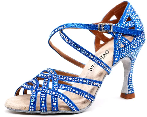 WUXIJIAO/золотые, серебряные стразы; обувь для латинских танцев; женская обувь для бальных танцев; обувь с жемчугом на высоком каблуке 9 см; программное обеспечение для вальса; Лидер продаж - Цвет: Blue heel 10cm