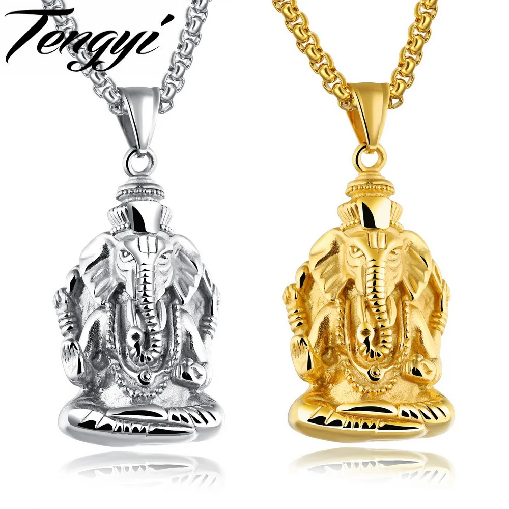 TENGYI Classic Ganesha Pendant Necklaces Man Stainless Steel White/Gold