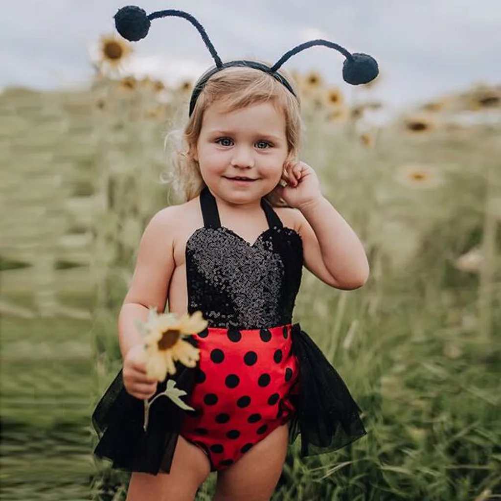 

Kids Dresses For Baby Girls Summer Sleeveless Sequins Polka Dot Print Princess Dress Costume+Cosplay Party Bee Hair Clasp Set