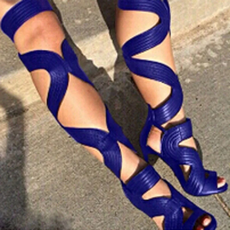 Fashion-Summer-Style-Black-Leather-High-Heels-Cut-Outs-Lace-Up-Shoes-Sandals-Thigh-Highs-Gladiator