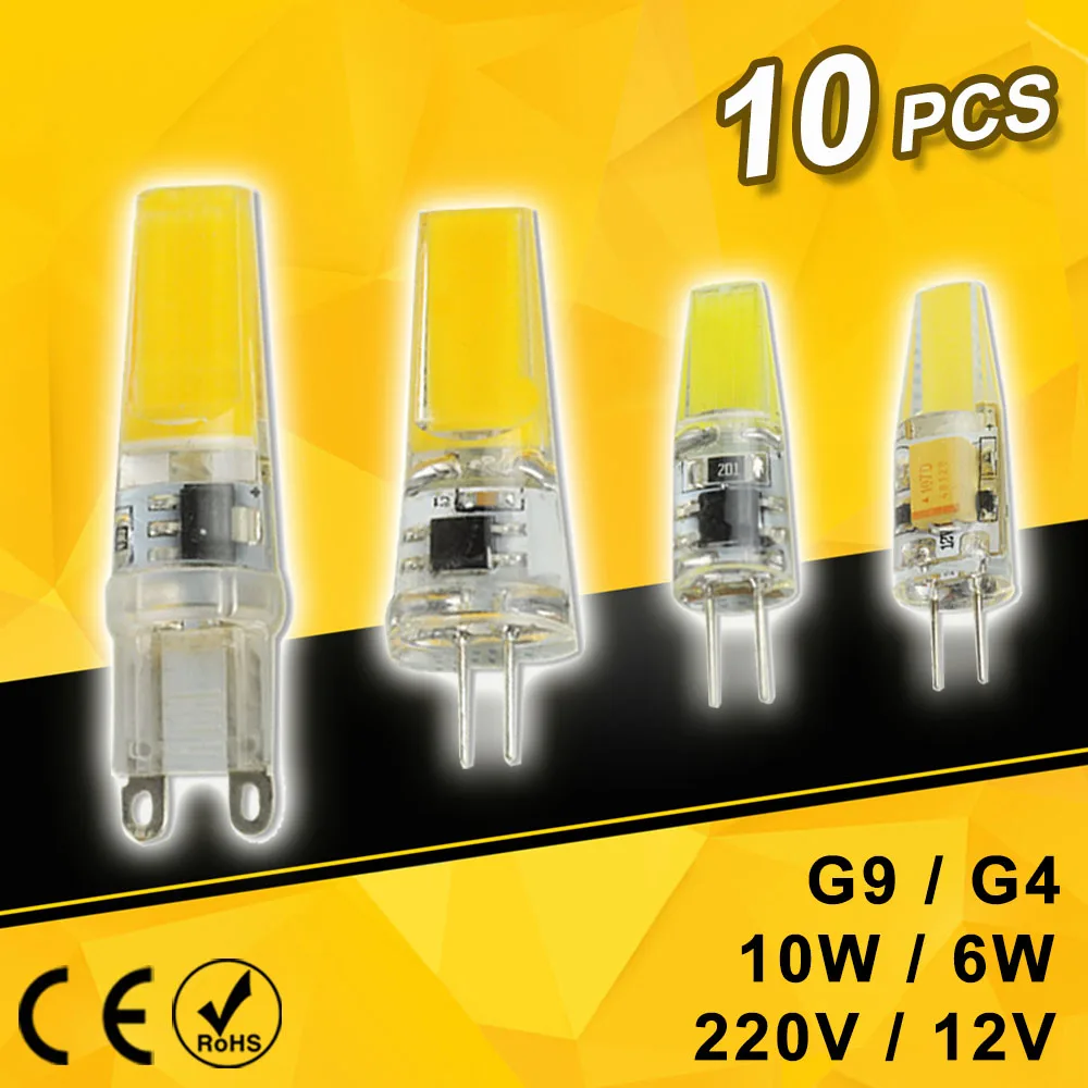 [DS 10 piezas regulable COB G4 G9 bombilla LED 6 W 10 W AC 220 V DC 12 V LED lámpara LED luz cristal Lampadine Lampara ampolla bombilla LED G4