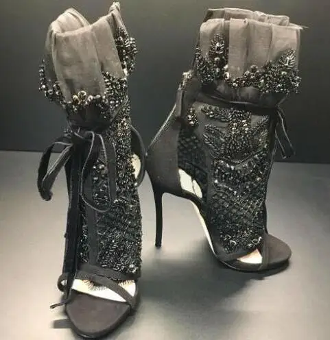 Luxury Black Crystal Cover Ladies Lace Up High Heel Boots Elegant Black Lace Women Peep Toe Ankle Boots Ankle Bandage Boots black lace up