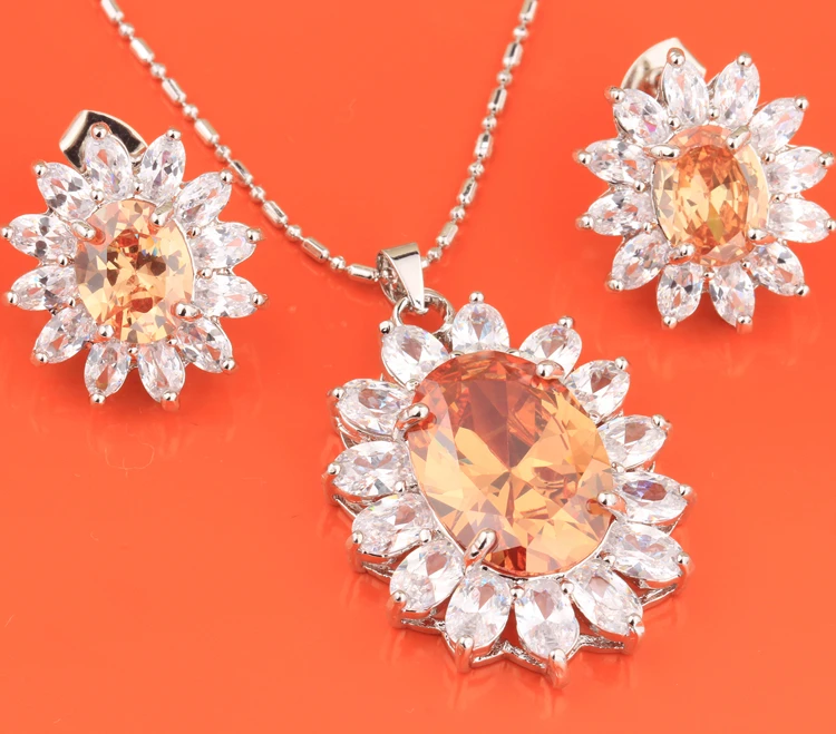 

Big Hot Noblest Champagne Morganite 925 Sterling Silver Jewelry Sets Earring Pendant Fow Womans S8074