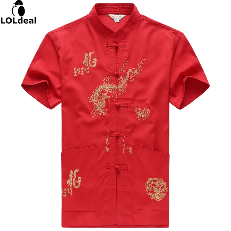 Мужская рубашка Loldeal с коротким рукавом в китайском стиле драконом M-L-XL-XXL-3XL |