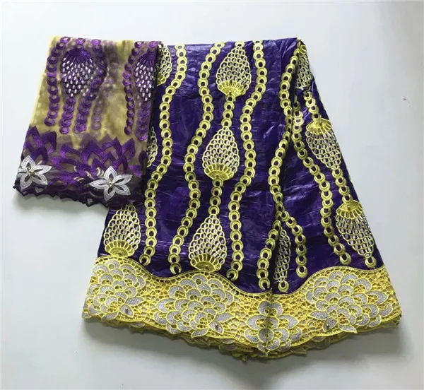 

(5+2) Popular cotton African bazin lace fabric matching with 2yards French net lace cloth for lady dress GXBN4