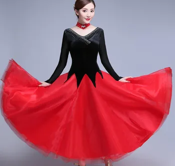 

Ballroom Dance Competition Dresses Women Long Sleeve Gold Velvet Waltz Lady Standard Dance Dress Customized Stage Wear DN1231
