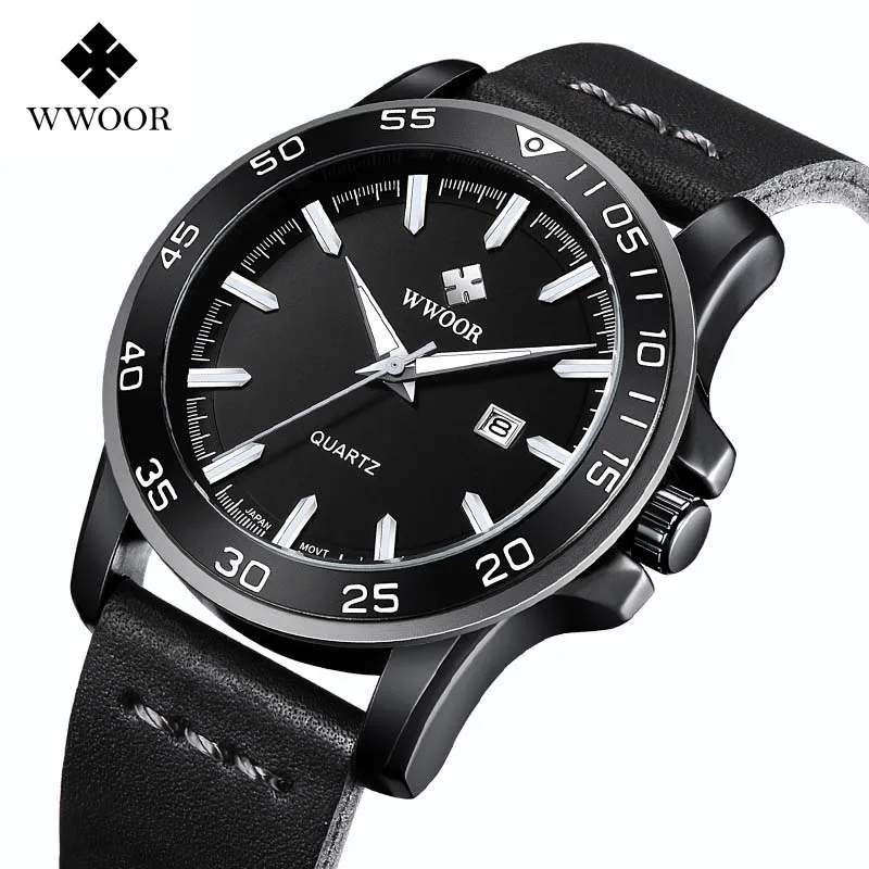 

WWOOR 2019 Men's Wrist Watches Top Brand Luxury Sport Men Genuine Leather Military Watches Black Wristwatch Mens heren horloge