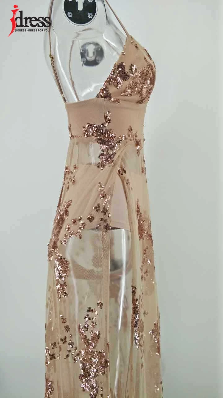 IDress Women Maxi Dress Sequin Split Long Dress Backless Evening Party Bandage Dress Side Slit V Neck Sexy Dress Vestidos Robe (3)