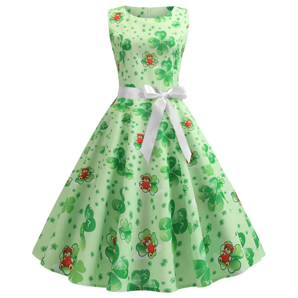 

St. Patrick's Day Women Summer Elegant Dress Vintage 1950s Retro Shamrock Sleeveless Prom Swing Strapless Party Dress 2019