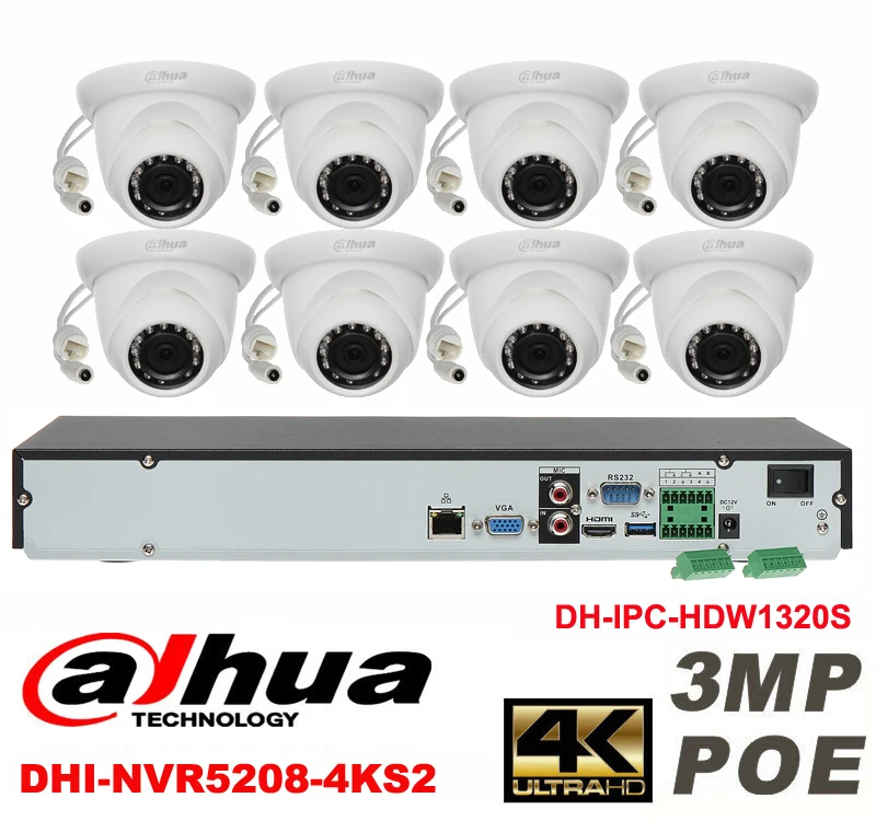

Dahua original 8CH 3MP H2.64 DH-IPC-HDW1320S 8pcs Network camera POE DAHUA DHI-NVR5208-4KS2 Dome CCTV IP security camera kit