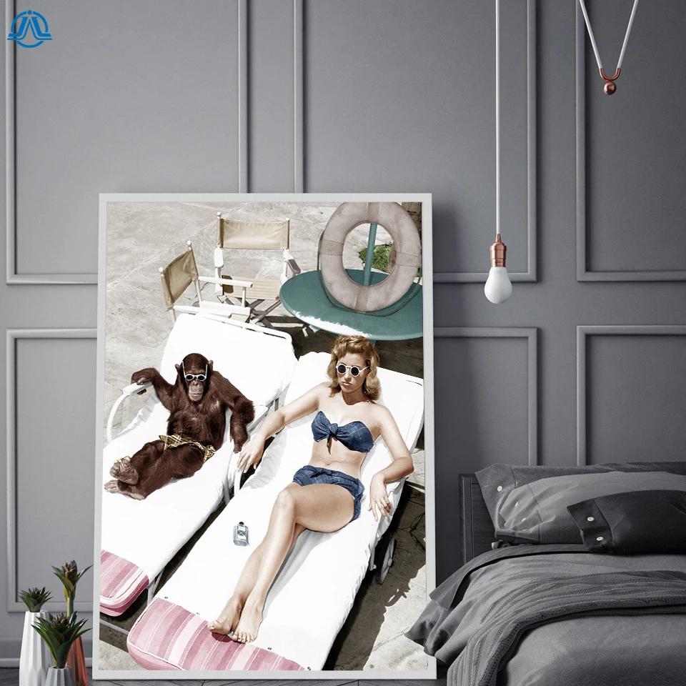 

Modern Beach Girl Posters and Prints Chimpanzee Canvas Painting Art Wall Pictures for Living Room Bedroom Home Decor No Frame