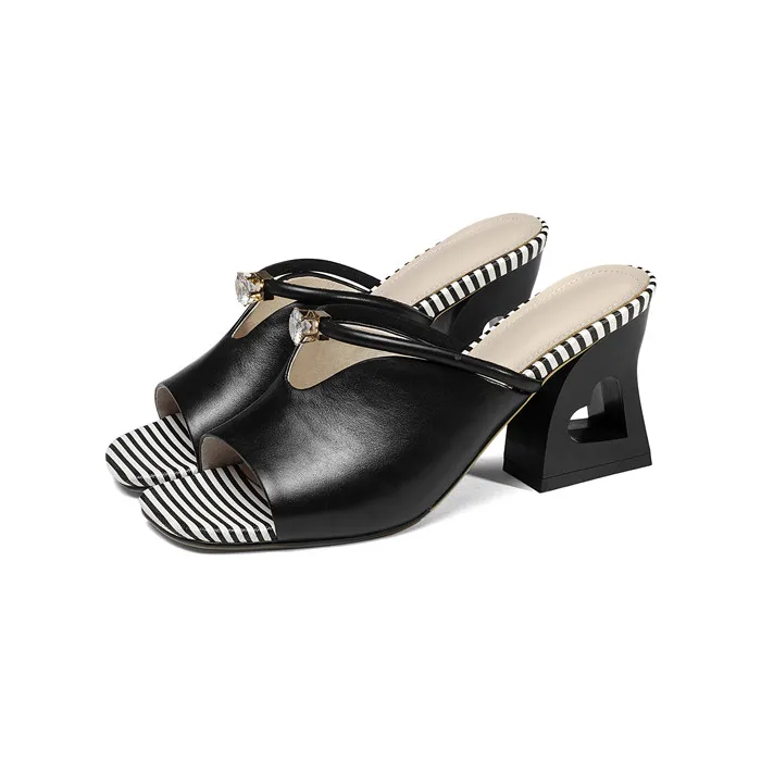 Meotina/Летняя обувь; женские шлепанцы из натуральной коровьей кожи; необычный стиль; обувь на высоком каблуке; шлепанцы с открытым носком; женские босоножки; 39 - Цвет: Черный