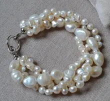 Joyería perfecta de la perla de las mujeres, color blanco 4 filas barroco pulsera de agua dulce verdadera de la Perla del 100%, 8 pulgadas 6-10mm