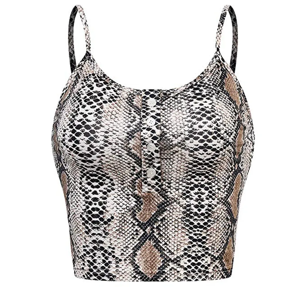 

Womens Sleeveless O-neck Button Up Snake Tattoo Print Vest Cami Top