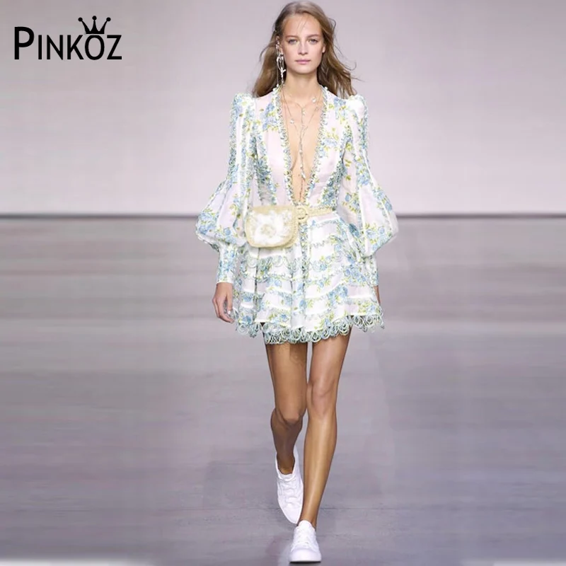Pinkoz Designer Runway Deep V neck Mini Dress High Quality Lady Elegant Party Dresses Celebrity Button Floral Print Drese | Женская