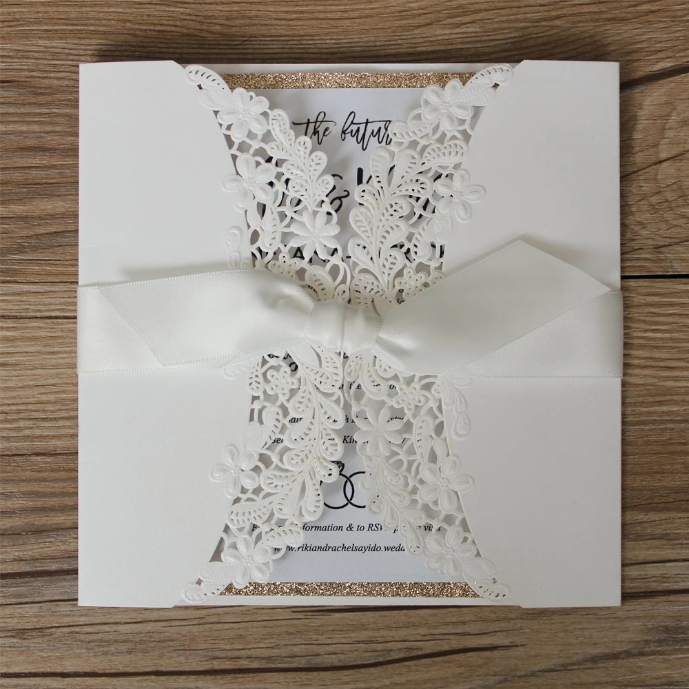  Elegant White Wedding Invitation Customized Invitations Personalized Invitation Cards with Gold Lin - 32870950690