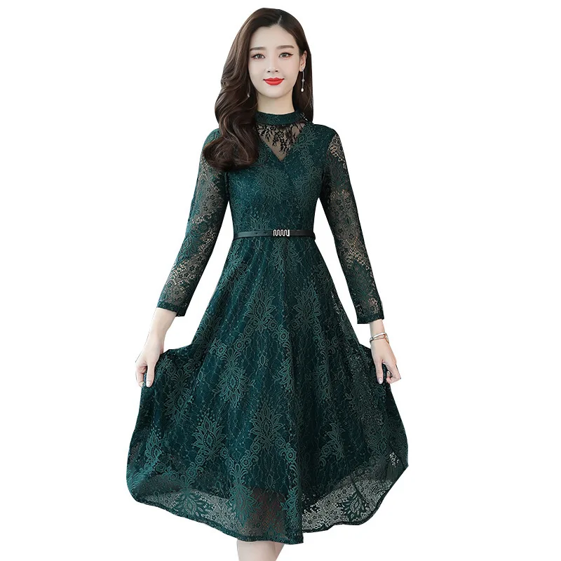 

Women Autumn Stand Collar Long Sleeve Lace Dress Ladies Casual Solid A-line Party Dresses Vestidos
