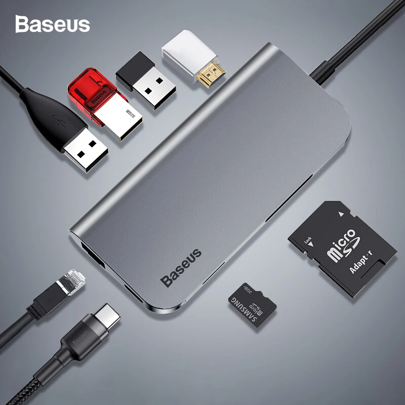 

Baseus USB C HUB 8 in 1 USB-C HUB with Type-c to Multi USB 3.0 HDMI RJ45 Ethernet Network Micro SD TF Card Reader OTG Type C HUB