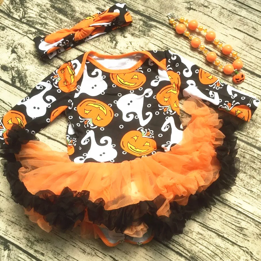 

2017 new arrival baby girls halloween dresses baby kids boutique baby girl halloween sets with necklace and headband