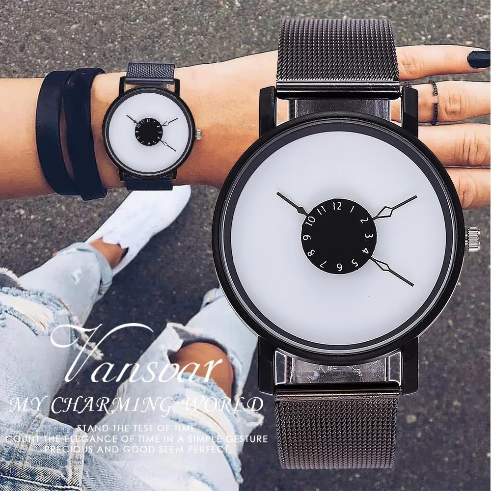 

Fashion Creative Women Quartz Watch Unique Dial Design Watch Black Steel Mesh Belt Wrist Watches Relogio Feminino Drop Shipping