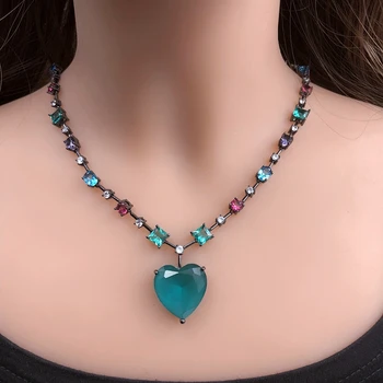 

Colorful Heart-shaped Pendant Necklace Cubic Zirconia Women Choker Necklace Crystal Glass stone chain Female Charm jewelry 2019