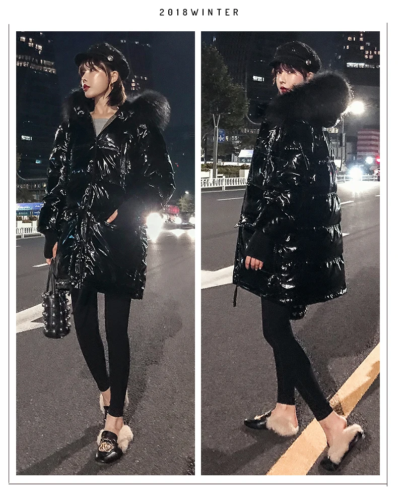 Big Raccoon Fur Collar Hooded Long Wadded Jacket Women's Winter Warm Down Jackets Large Size Loose Glossy Coats Outwear Overcoat