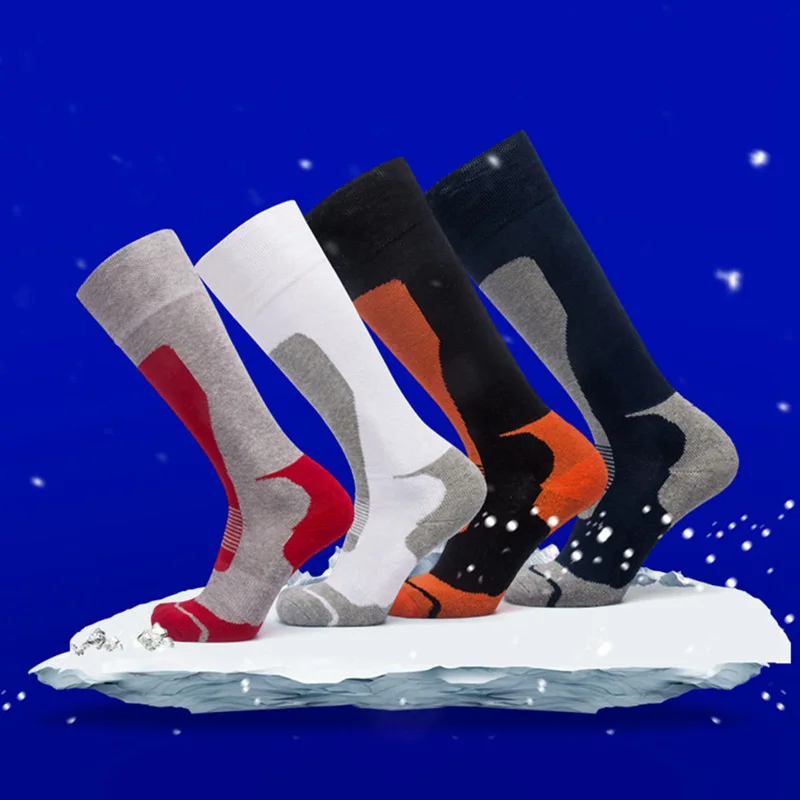 Лыжные носки, Плотные хлопковые спортивные носки для сноуборда, велоспорта, катания на лыжах, футбола, мужские и женские влагопоглощающие высокие эластичные носки