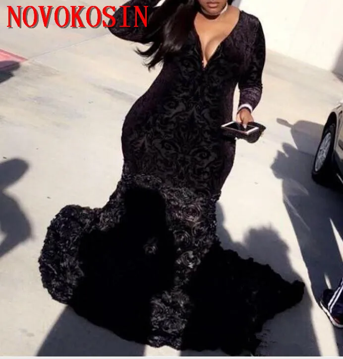 

Plus Size Velvet Prom Dresses Black Mermaid Embroidered Lace Deep V Neck Long Sleeve Evening Gowns With 3D Flowers 2019