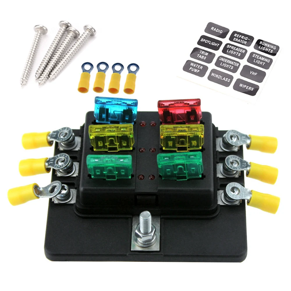 

6 Way Blade Fuse Box Holder Standard Blade Fuse Blocks LED Indicator 10Pcs Fuses 10Pcs Terminals for Car Boat Marine Caravan