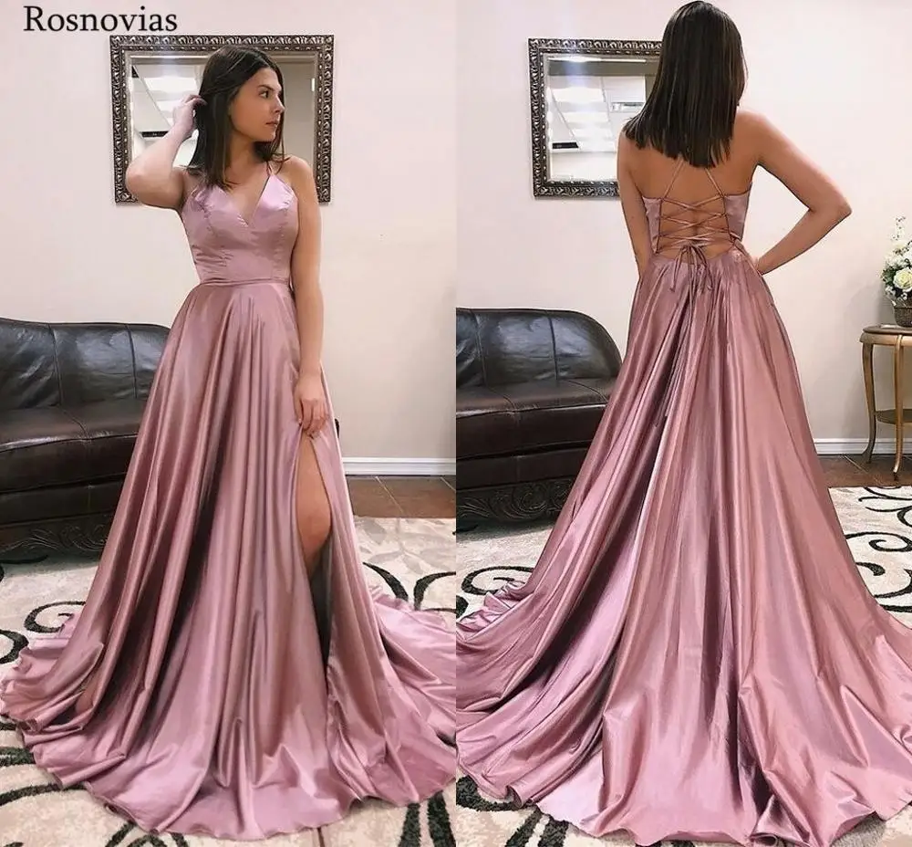 

Long Mauve Prom Dresses 2019 V Neck Backless High Split Sweep Train Evening Party Dresses Formal Gowns Vestido De Fiesta Custom