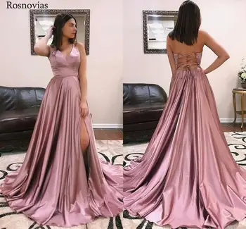 

Long Mauve Prom Dresses 2020 V Neck Backless High Split Sweep Train Evening Party Dresses Formal Gowns Vestido De Fiesta Custom