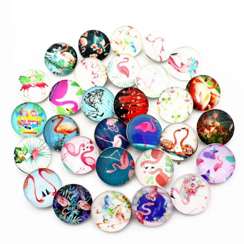 

Newest 20pcs/lot flamingo Snap Buttons Charms 18mm Animal Print Glass Buttons Fit DIY Snap Bracelets&Bangle Jewelry