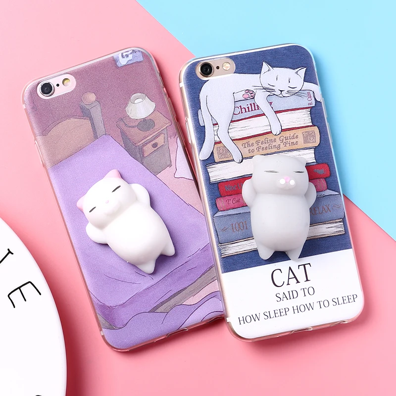 TOMOCOMO Cute Lucky 3D Cat Kitty Squishy Cartoon Animals Seal Stress Soft Phone Case For iPhone 7 7Plus 6S 6Plus 8 8Plus SAMSUNG