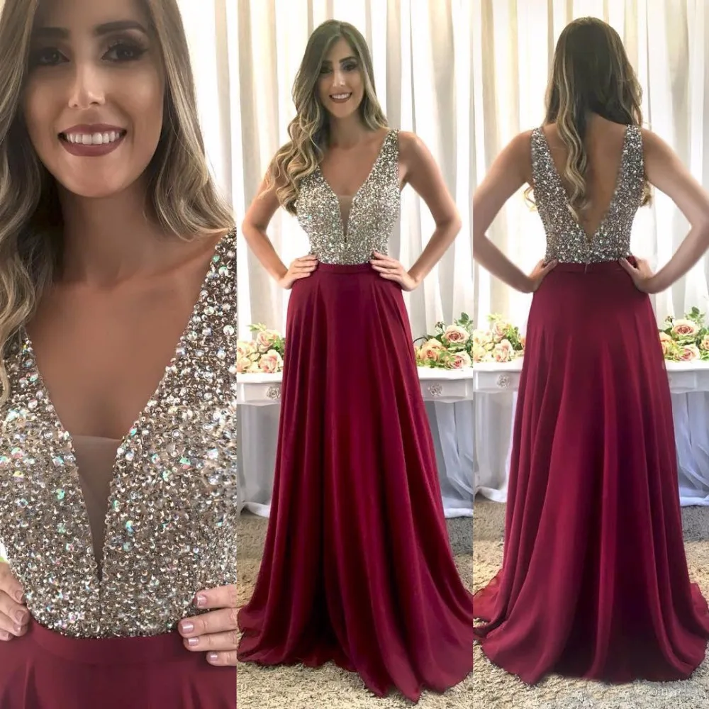 Бургундия Bling V образным вырезом Выпускные платья Длинные 2019 vestidos de fiesta noche открытой спиной бисером Кристалл Формальные Вечерние