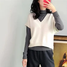 Smpevrg короткий Стильный женский пуловер жилет с v-образным вырезом без рукавов Свободный пуловер женский свитер pull femme вязаный джемпер Повседневный жилет