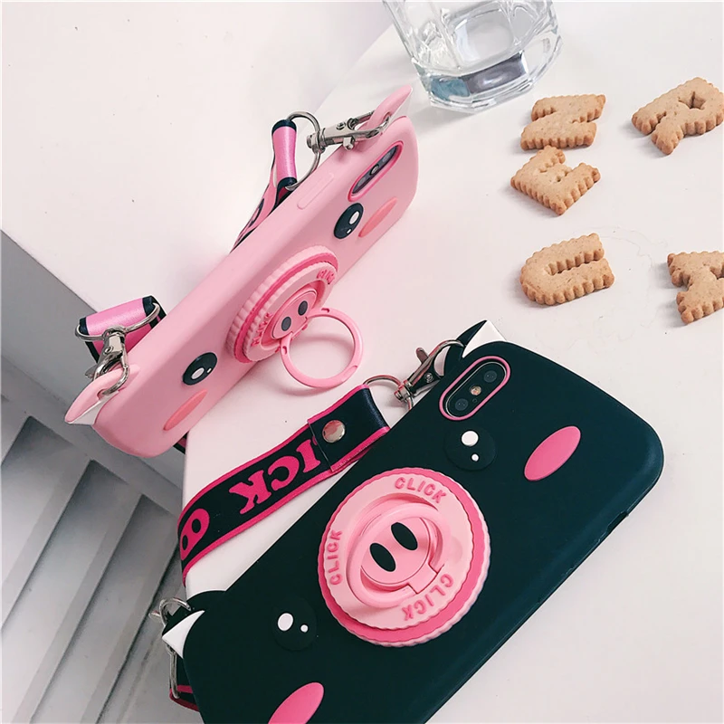 

Super cute pig Silicone soft phone case for iPhone XS XR XSMax net red diagonal lanyard shell for iPhone7 8 6 6sPlus cover