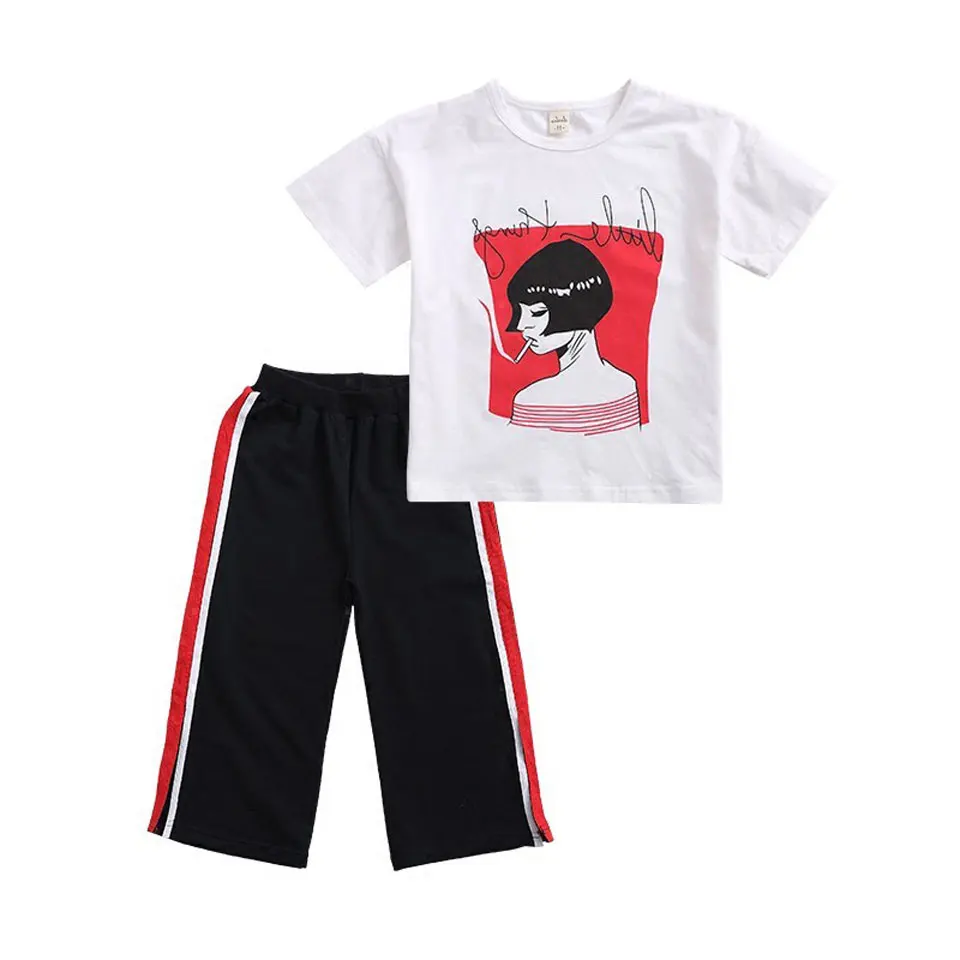 Комплект летней одежды для маленьких девочек, повседневный модный костюм для От 4 до 13 лет, футболка+ шорты детская одежда из 2 предметов