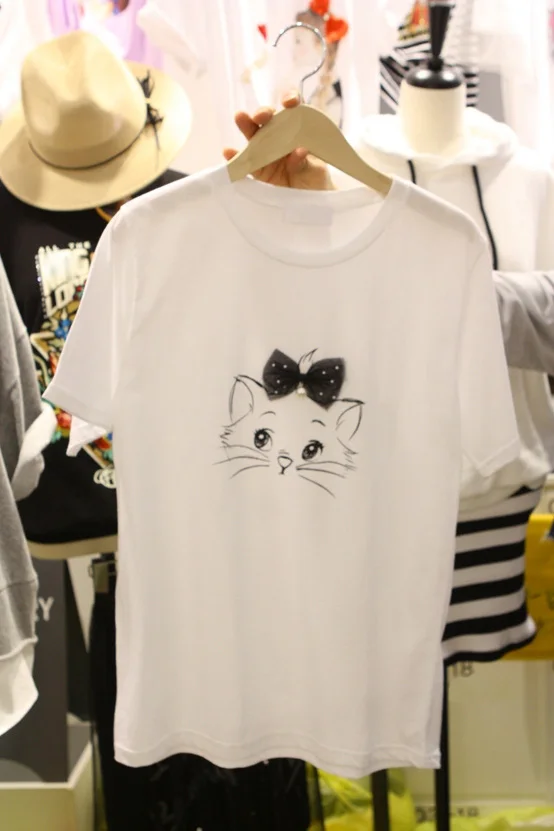 Лук кот мультфильм с принтами Круглый воротник футболка короткими рукавами