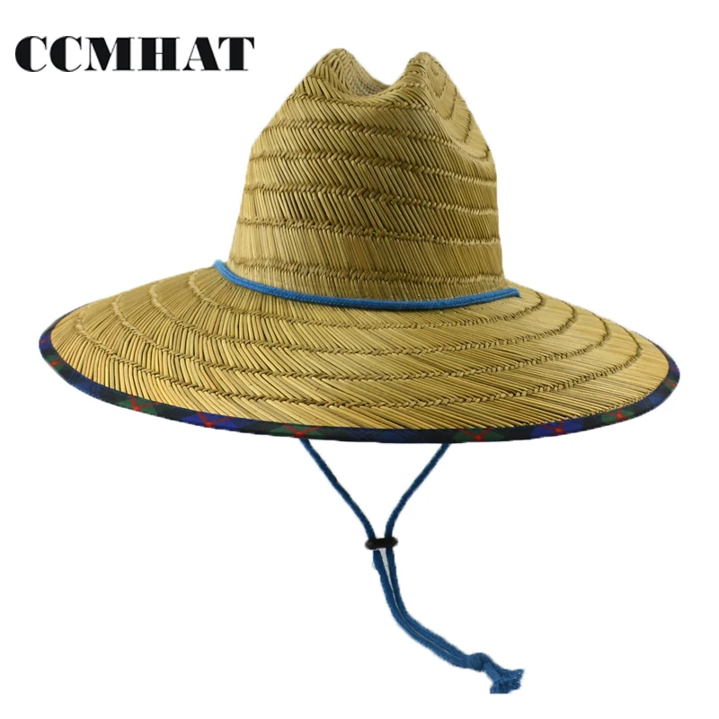CCMHAT 2017 Fashion Women Wide Brim Straw Hat Summer Men Sun Hats Beach Windproof Rope Chapeau