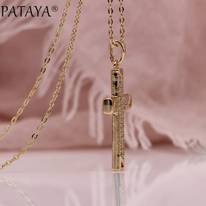 PATAYA новые длинные ожерелья с крестом из натурального циркона для женщин, вечерние, роскошные модные ювелирные изделия, 585 розовое золото, религия, Полые Подвески