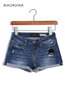 

BIAORUINA Women Casual Scratched Denim Shorts Female High Waist Bleached Washing Shorts Women's Fashion Shorts Plus Size