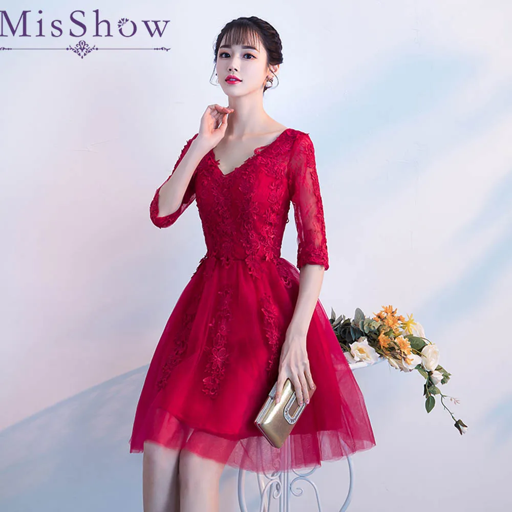 Vestidos cortos de fiesta новые бордовые короткие платья для выпускного Бальные с v-образным