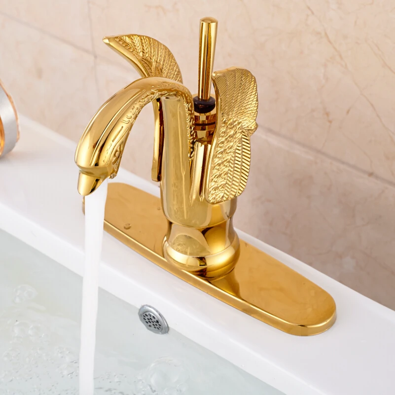 

High-end Swan Shape Bathroom Basin Vessel Faucet Deck Mount with 8" Cover Gold Finish