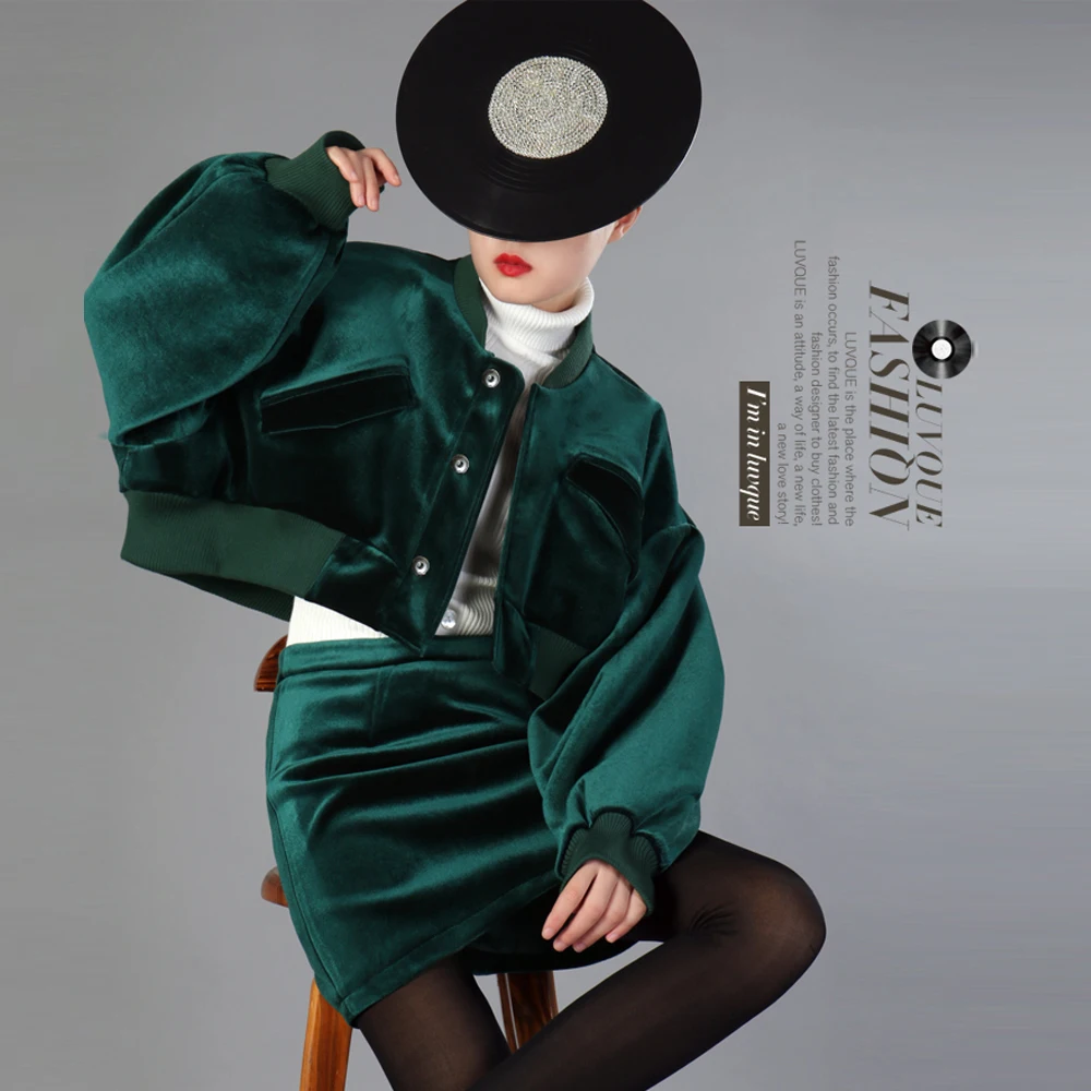 LXUNYI 2019 Новая Мода Бархатная юбка костюм комплект женский короткий топ жакет +
