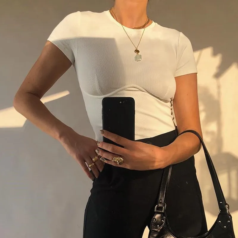 

Cropped Ribbed Bodycon White T shirt Women Short Sleeve Pure Crop Tops Tees Basic Casual Summer T-shirt